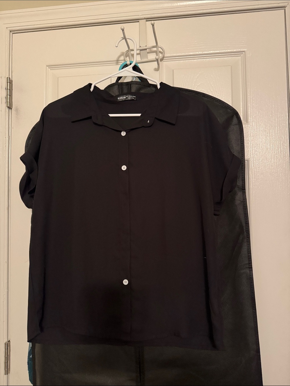Black Short-Sleeve Button-Down Blouse